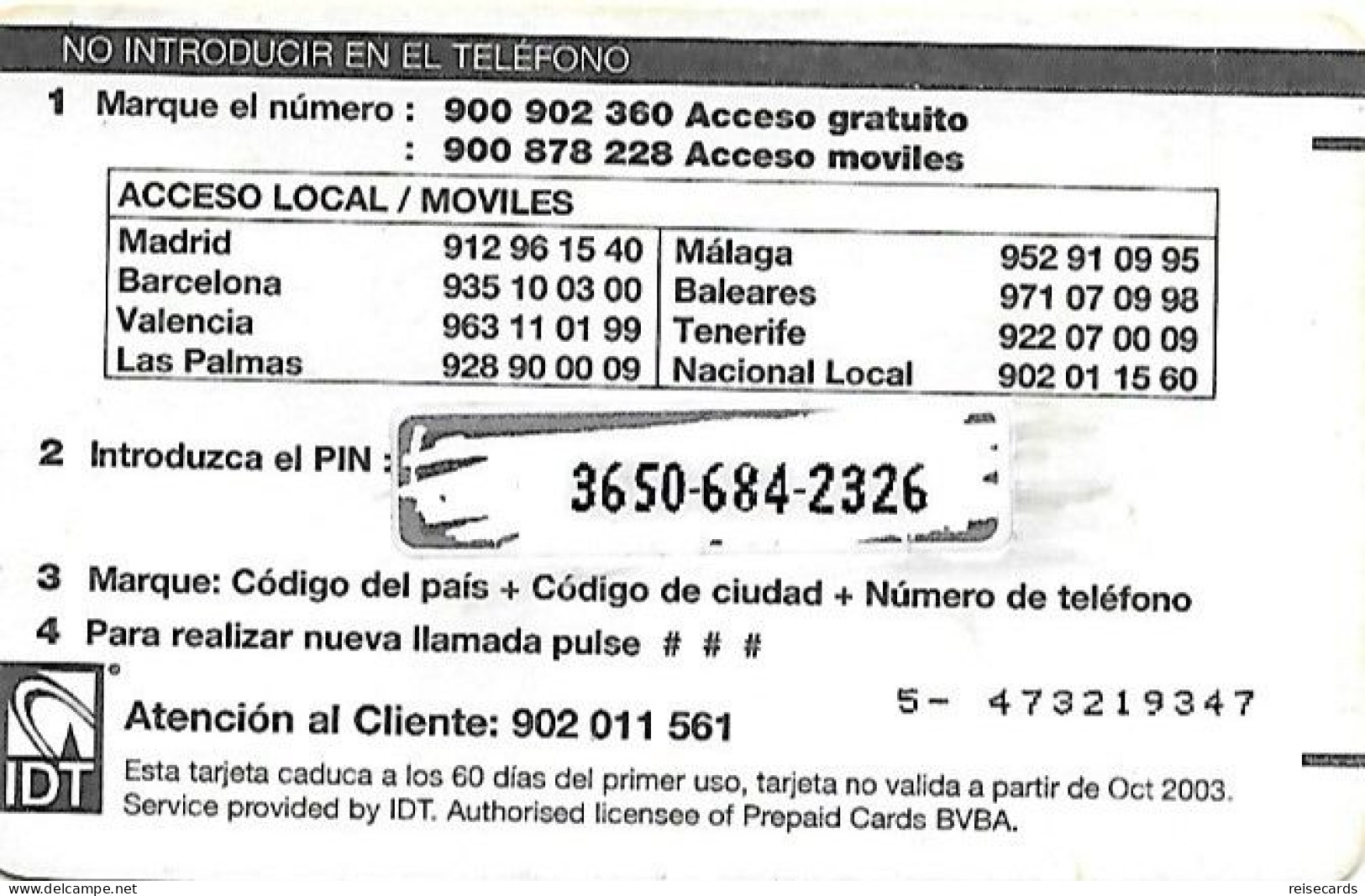 Spain: Prepaid IDT - Platicard €5 PTAS832 10.03 - Other & Unclassified