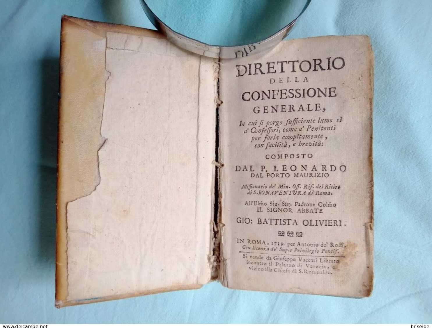 1739 DIRETTORIO DELLA CONFESSIONE GENERALE DI P. LEONARDO PORTO MAURIZIO "SI VENDE A ROMA DA GIUSEPPE VACCARI LIBRARO"