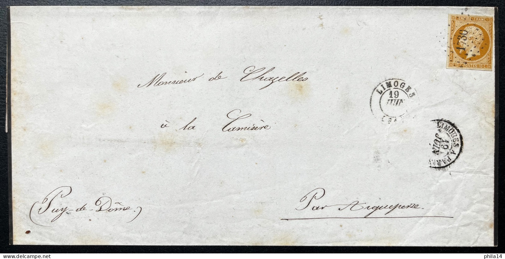 N°13 10c BISTRE NAPOLEON / LIMOGES POUR LA CANIERE / 19 JUIN 18? / LSC / ARCHIVE DE CHAZELLES - 1849-1876: Période Classique