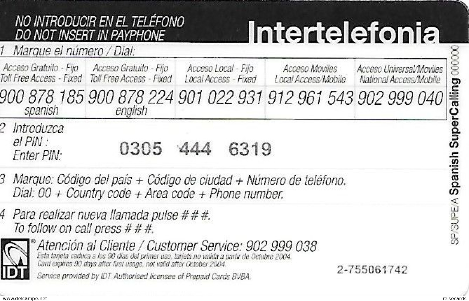 Spain: Prepaid IDT - Intertelefonia, Super Call €2 10.04 - Other & Unclassified
