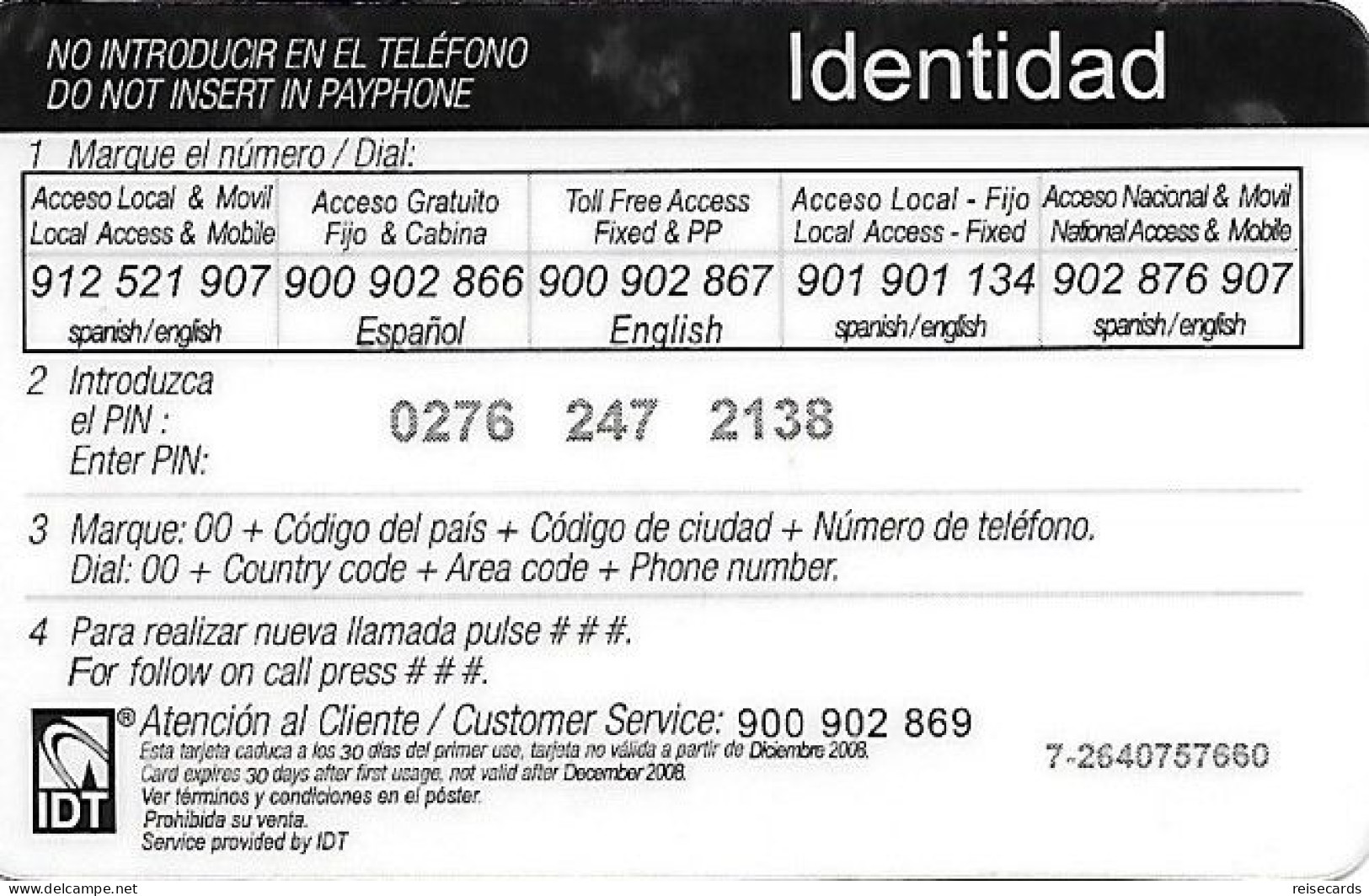Spain: Prepaid IDT - Identidad 12.08 - Altri & Non Classificati
