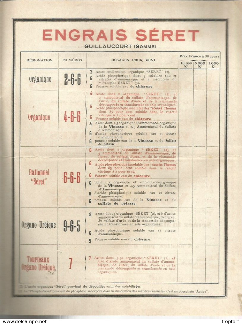 Feuillet Publicitaire  AGRICOLE AGRICULTURE  ENGRAIS SERET  GUILLANCOURT  Somme - Publicités