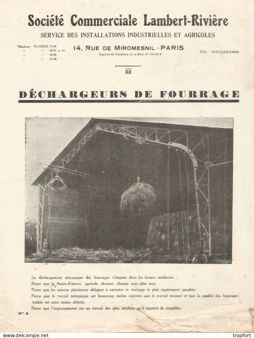 Feuillet  Publicitaire  AGRICOLE AGRICULTURE  Déchargeur De Fourrage  Lambert Rivière PARIS - Werbung