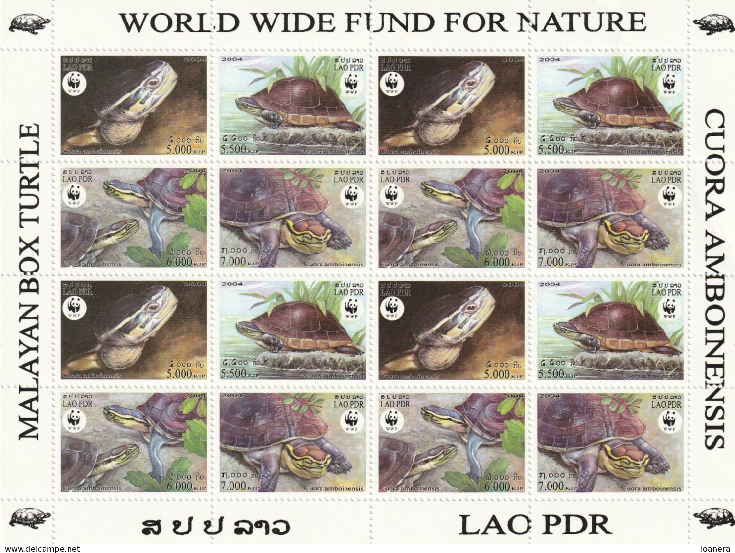 Laos 2004 - WWF , Fauna,Reptiles.Turtles Block 4x4 Values,perforated,MNH ,Mi.1927-1930 - Laos