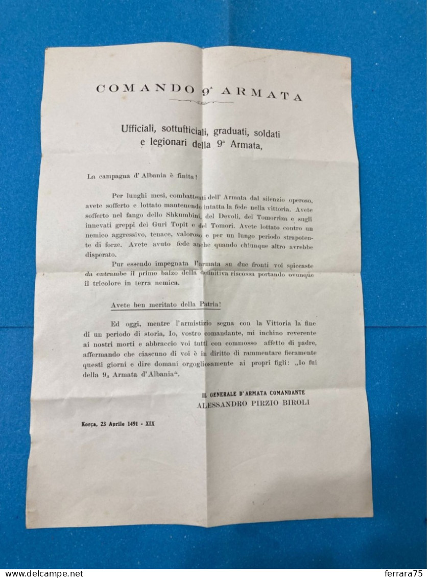 VOLANTINO PROPAGANDA CAMPAGNA D'ALBANIA COMANDO 9°ARMATA KORCA ARMISTIZIO 1941.