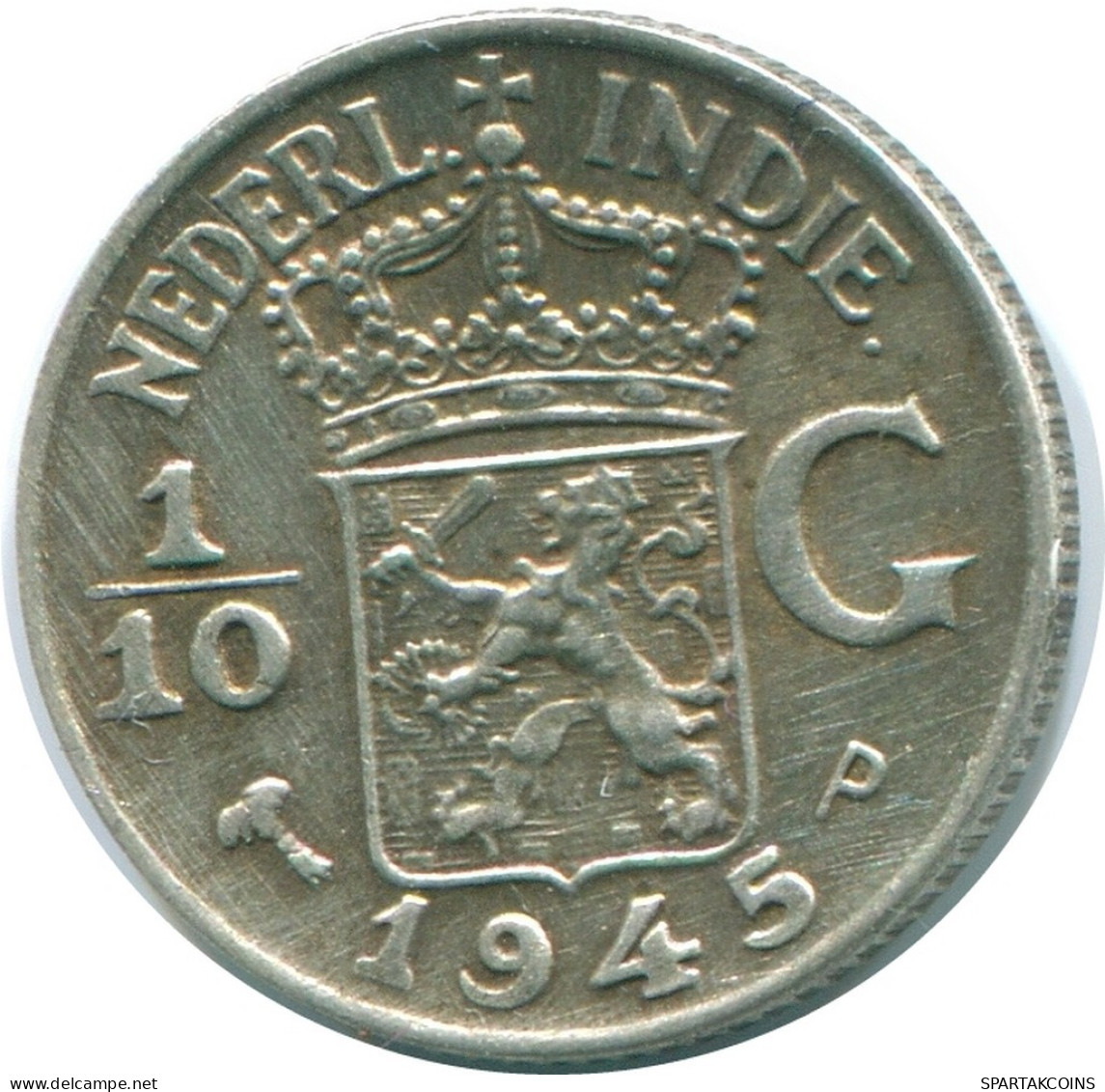 1/10 GULDEN 1945 P NETHERLANDS EAST INDIES SILVER Colonial Coin #NL14072.3.U.A