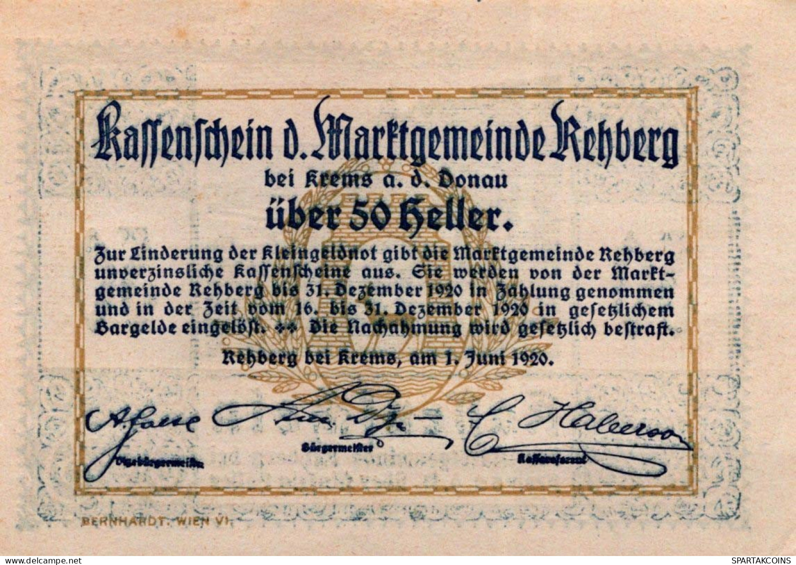 50 HELLER 1920 Stadt REHBERG BEI KREMS AN DER DONAU UNC Österreich #PH418 - [11] Emissions Locales