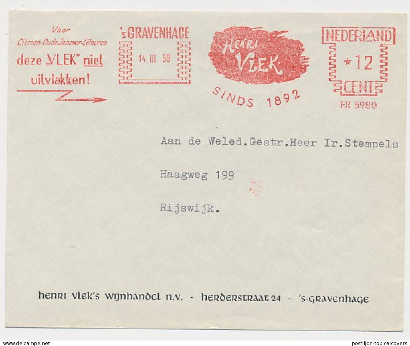 Meter cover Netherlands 1958 Alcohol - Henri Vlek - Lemeon genever - Liquor