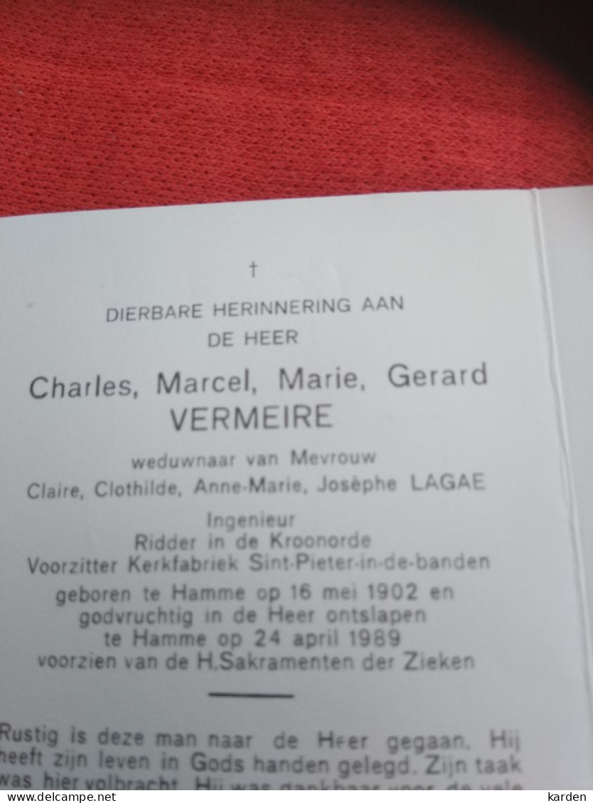 Doodsprentje Charles Marcel Marie Gerard Vermeire / Hamme 16/5/1902 - 24/4/1989 ( Claire Clothilde A.J.  Lagae )