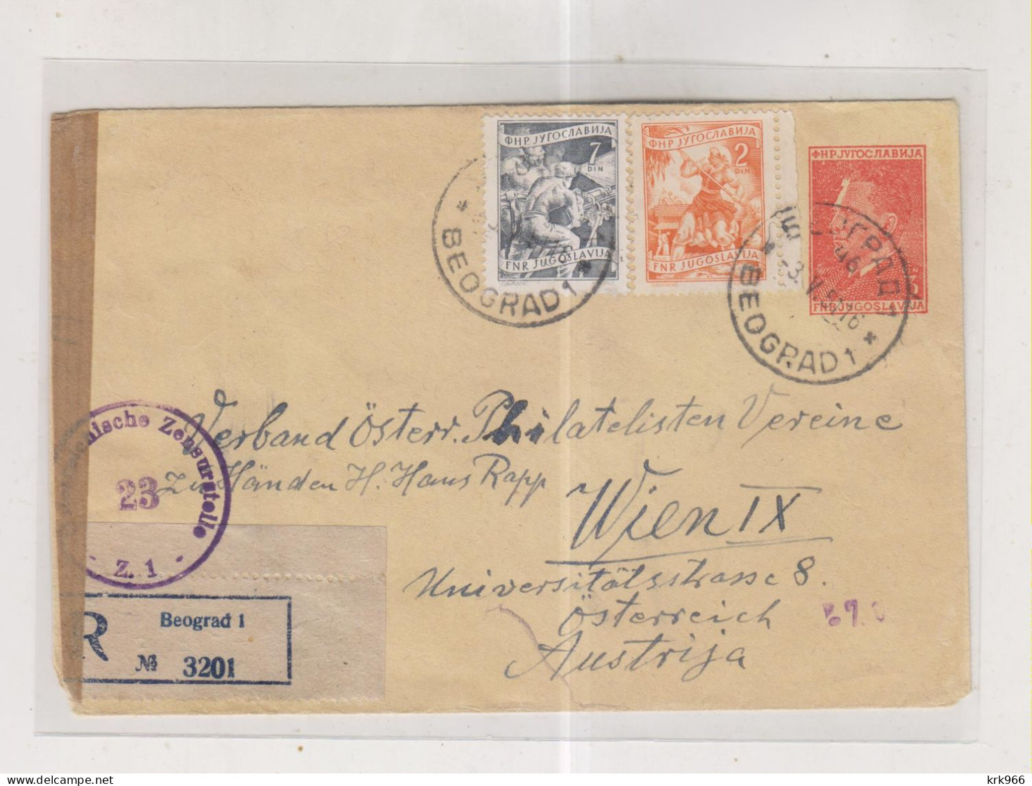 YUGOSLAVIA,1951 BEOGRAD registered  censored postal stationery cover to Austria