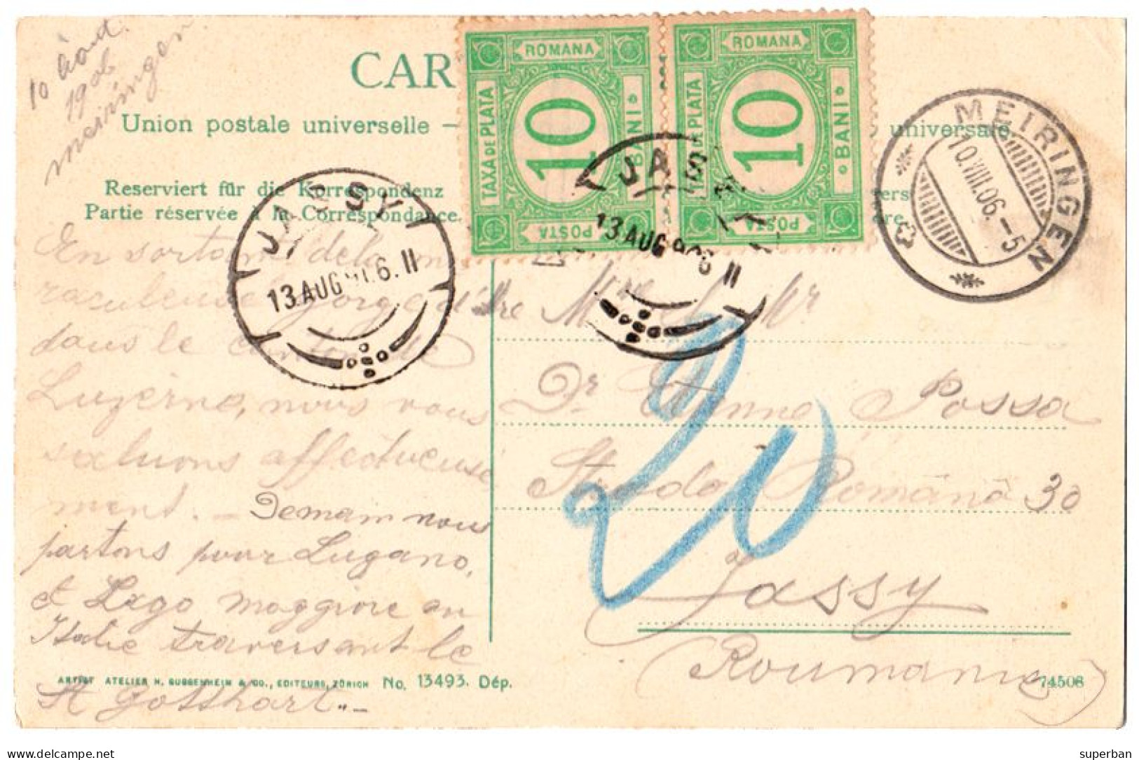 ROMANIA : IASI / JASSY - BEL AFFRANCHISSEMENT TAXE / NICE TAX FRANKING  : TAXA DE PLATA - PAIR Of 2 STAMPS - 1906 (an735 - Cartas & Documentos