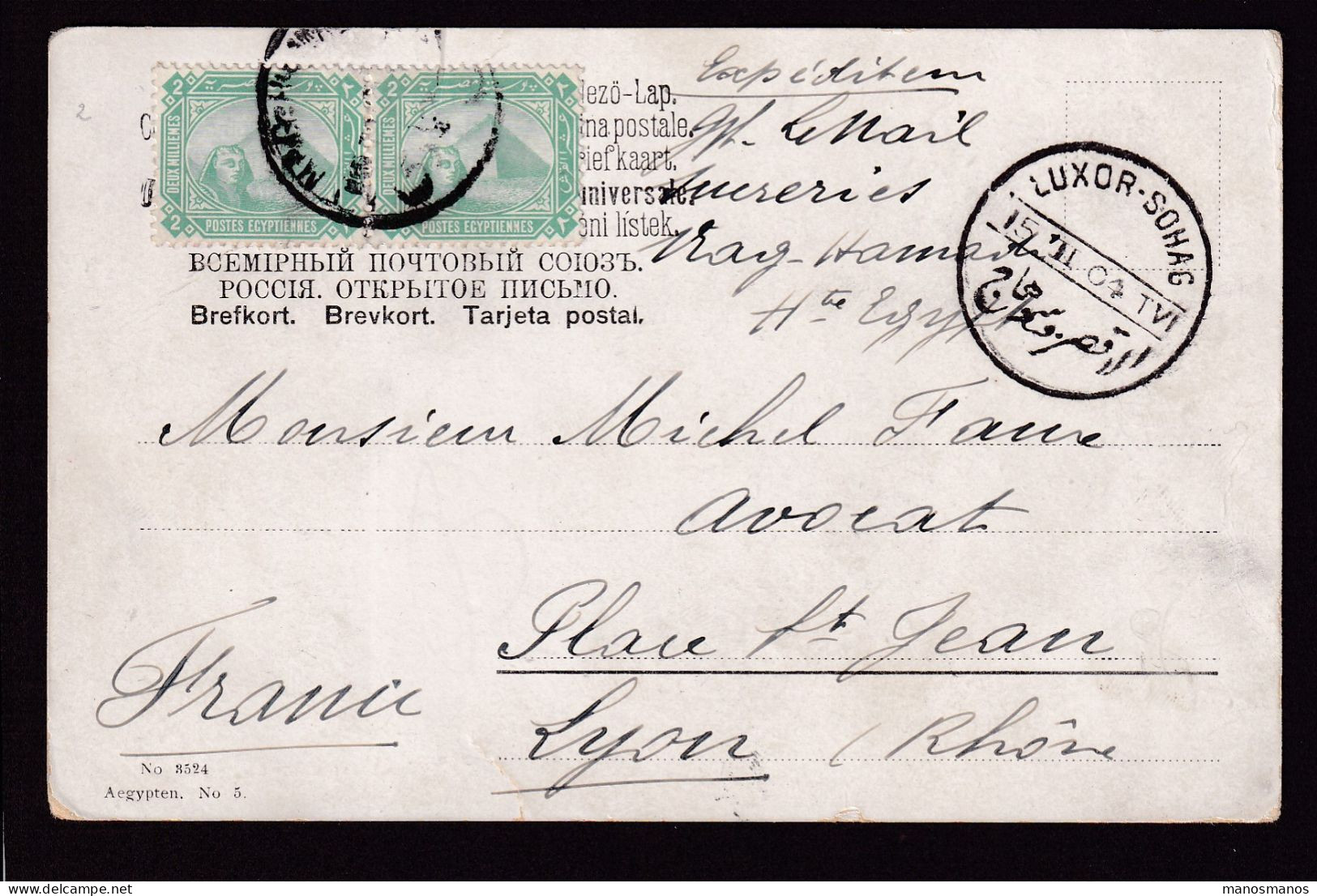 385/31 -- EGYPT LUXOR-SOHAG TPO  - Viewcard cancelled NAGH HAMMADI 1904 to LYON France