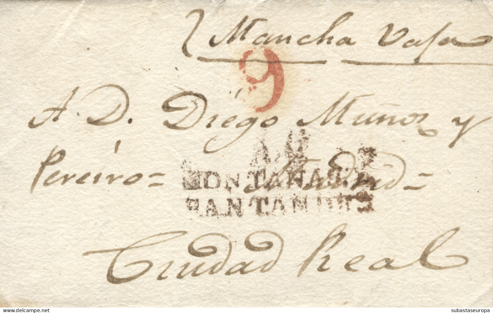 D.P. 9. 1825. Carta De Portillo A Ciudad Real. Marca Roja "A.C./MONTAÑAS DE/SANTANDER" De Aguilar De Campóo Nº 2R. - ...-1850 Préphilatélie