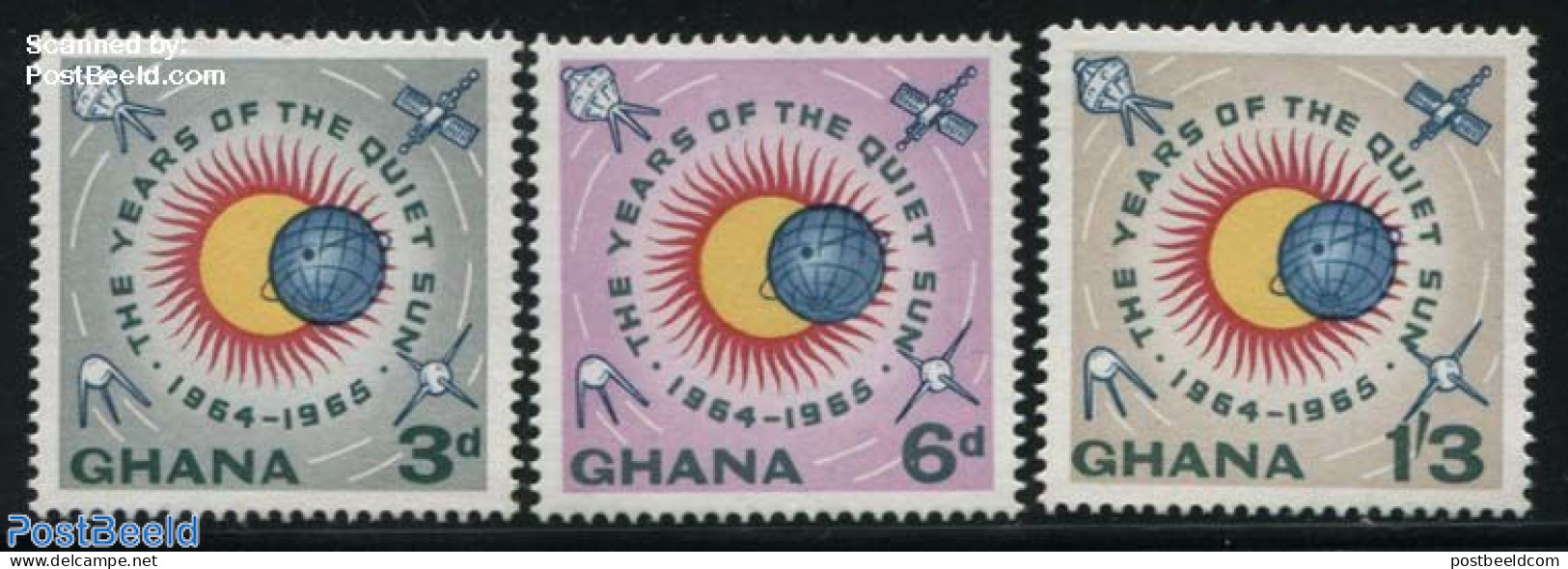 Ghana 1965 Quiet Sun Year 3v, Mint NH, Science - Transport - Astronomy - Space Exploration - Astrologie