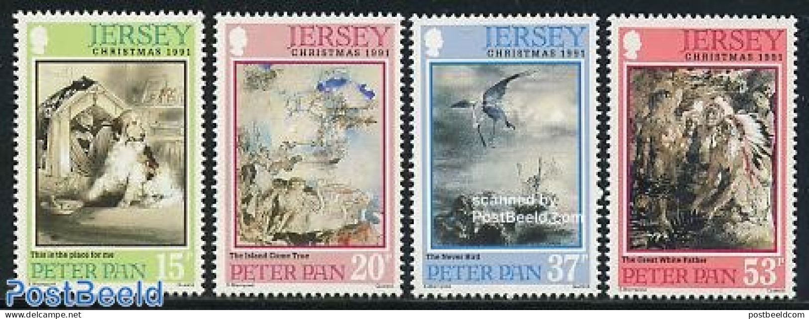 Jersey 1991 Christmas, Peter Pan 4v, Mint NH, History - Nature - Religion - Dogs - Christmas - Art - Children's Books .. - Weihnachten