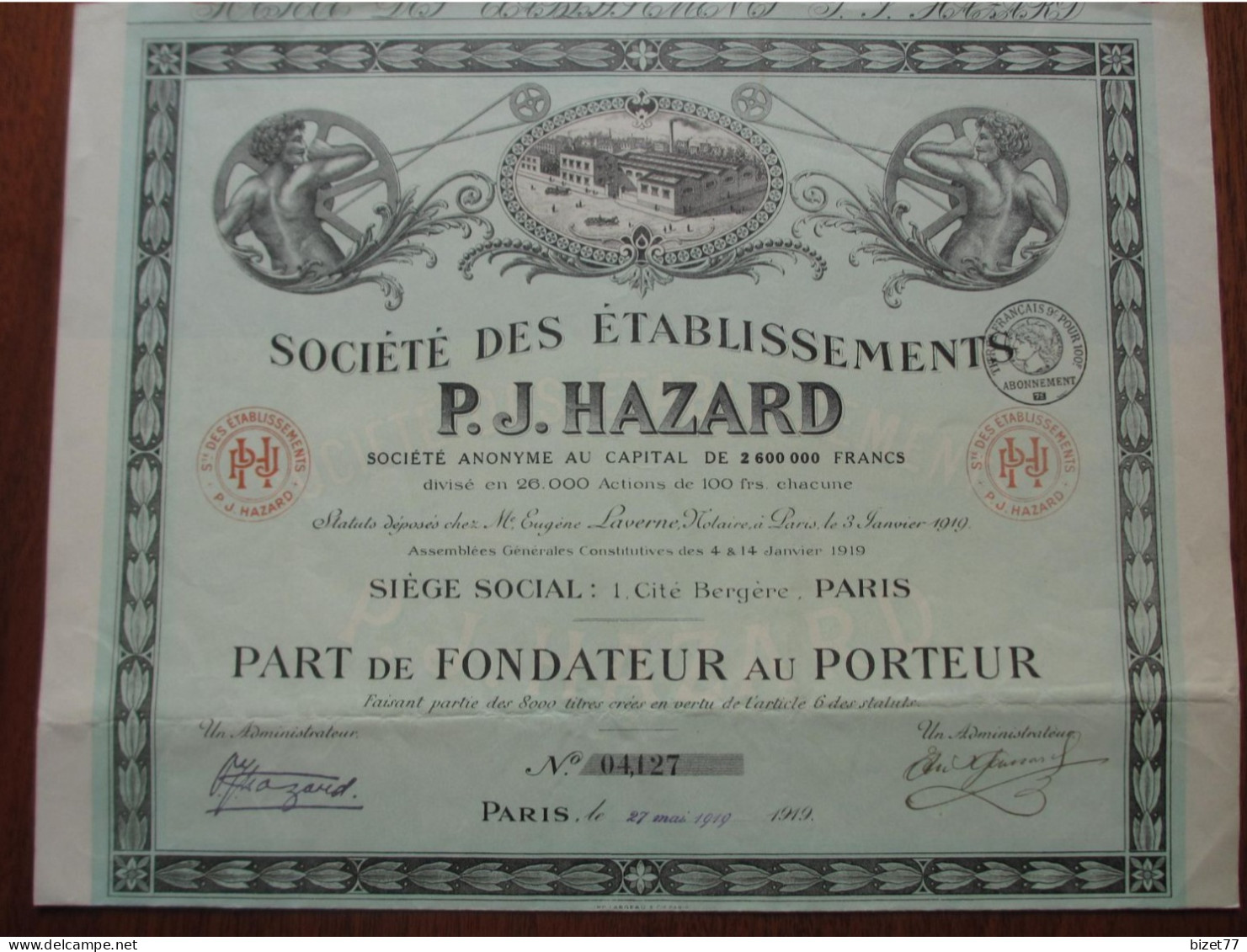 FRANCE - PARIS 1919 - ART DECO è ETABLISSEMENT P.J. HAZARD - PART DE FONDATEUR - BELLES VIGNETTES - Autres & Non Classés