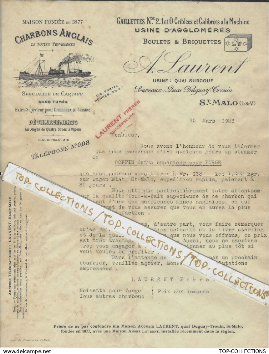 1925  ENTETE  VAPEUR NAVIRE CHARBONS ANGLAIS A.LAURENT St Malo Ille et Vilaine  NAVIGATION IMPORTATION NEGOCE