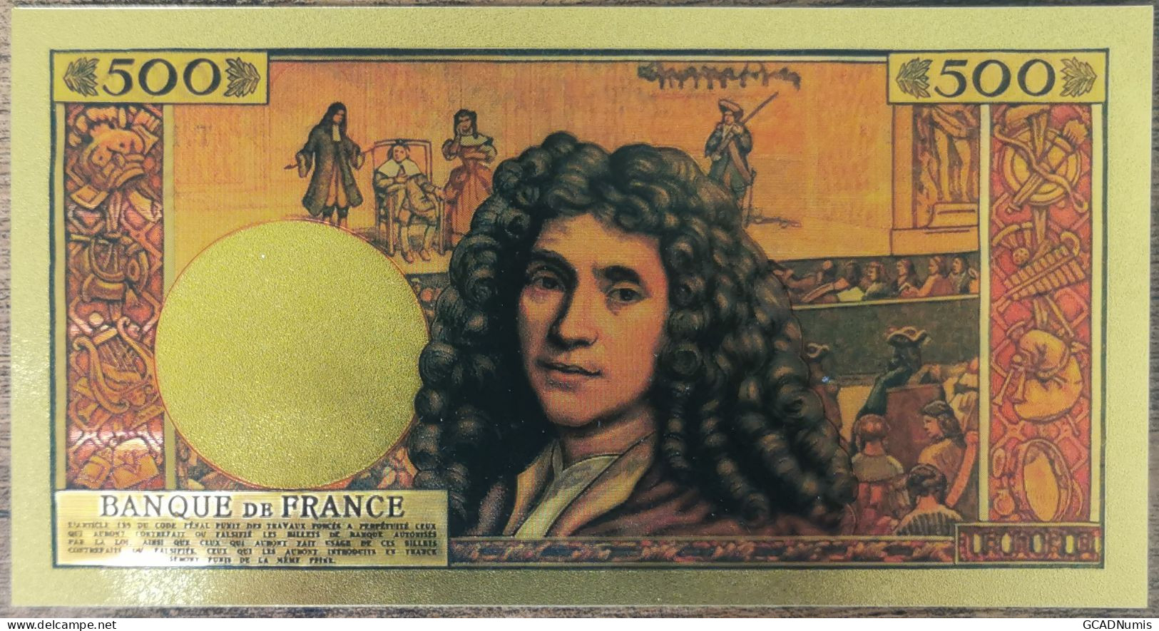 Billet 500 Nouveaux Francs MOLIERE 1963 Réplique Réplique Polymère Gold Or - 500 NF 1959-1966 ''Molière''