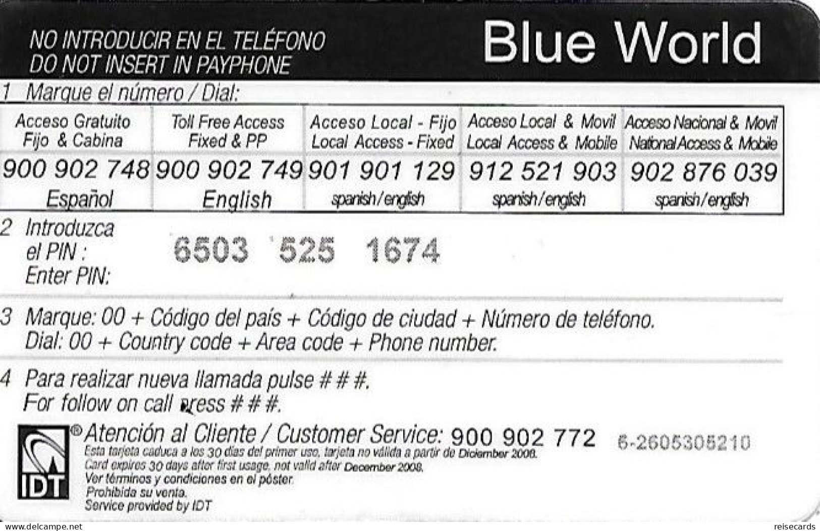 Spain: Prepaid IDT - Blue World 12.08 - Sonstige & Ohne Zuordnung