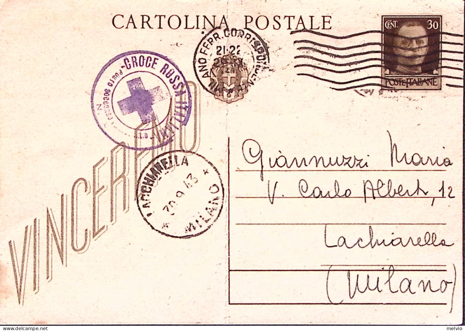 1943-CROCE ROSSA CREMONA tondo su cartolina postale Vinceremo c.30 Cremona (21.9
