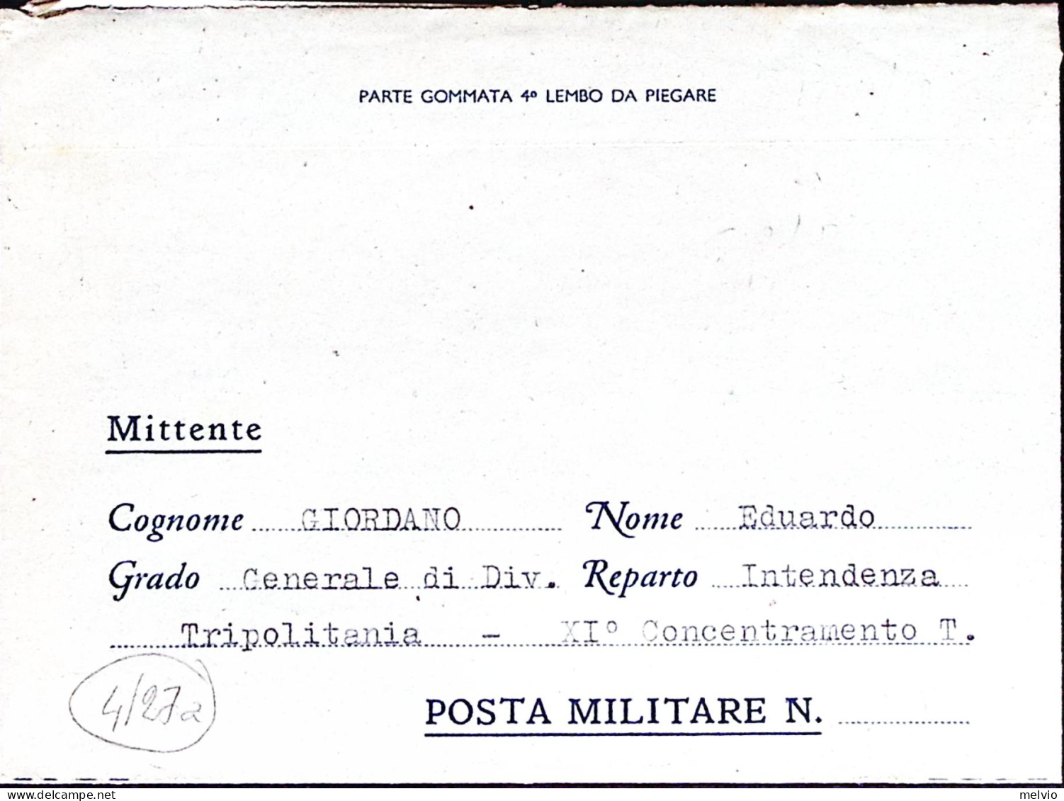 1941-Generale Eduardo Giordano Comando FF.AA. Tripolitania, autografo manoscritt