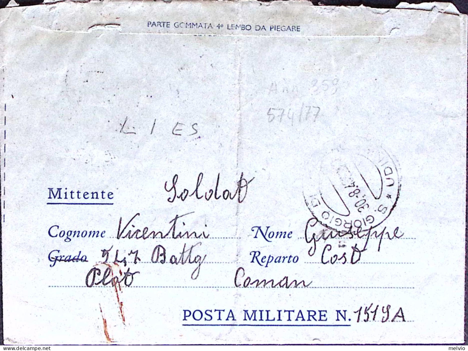 1943-Posta Militare/n.151 sez.A C.2 (21.8 cat.Marchese p.ti 10) su biglietto fra