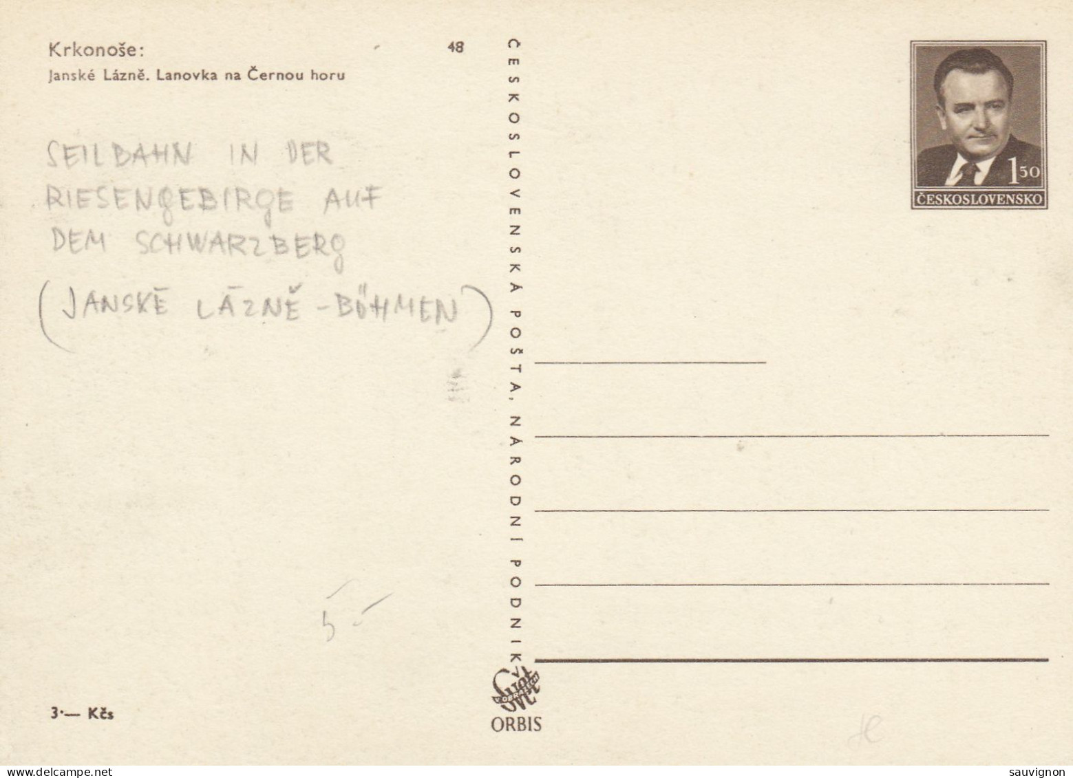 Ceskoslovensko. Bild-Postkarte. Seilbahn Im Riesengebirge Auf Den Schwarzberg (Janské Lazné), Krkonose, 1950 - Lettres & Documents