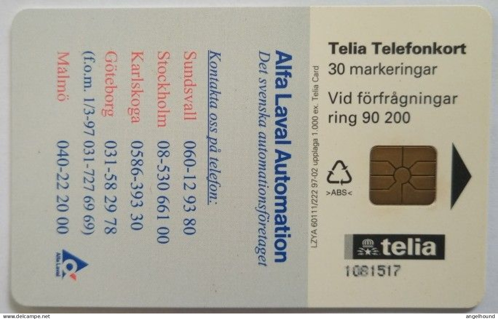 Sweden 30Mk. Chip Card - Alfa Laval Automation ( 1,000 Mintage ) - Schweden