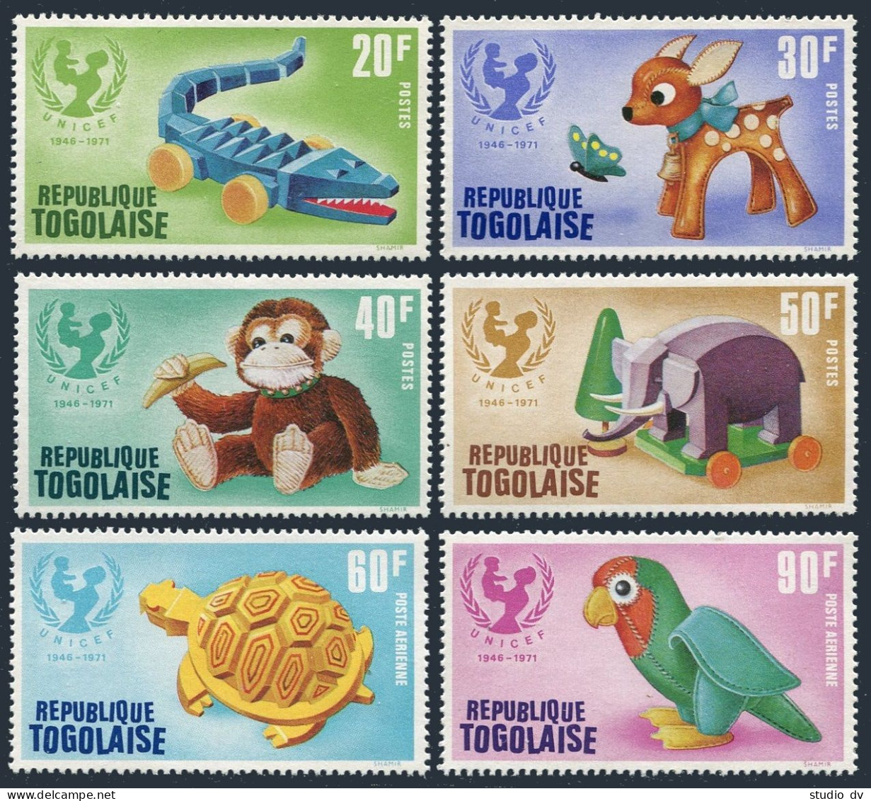Togo 794-C168,C168a,MNH.Mi 896-901,Bl.60. UNICEF 1971.Toys:animals,turtle,parrot