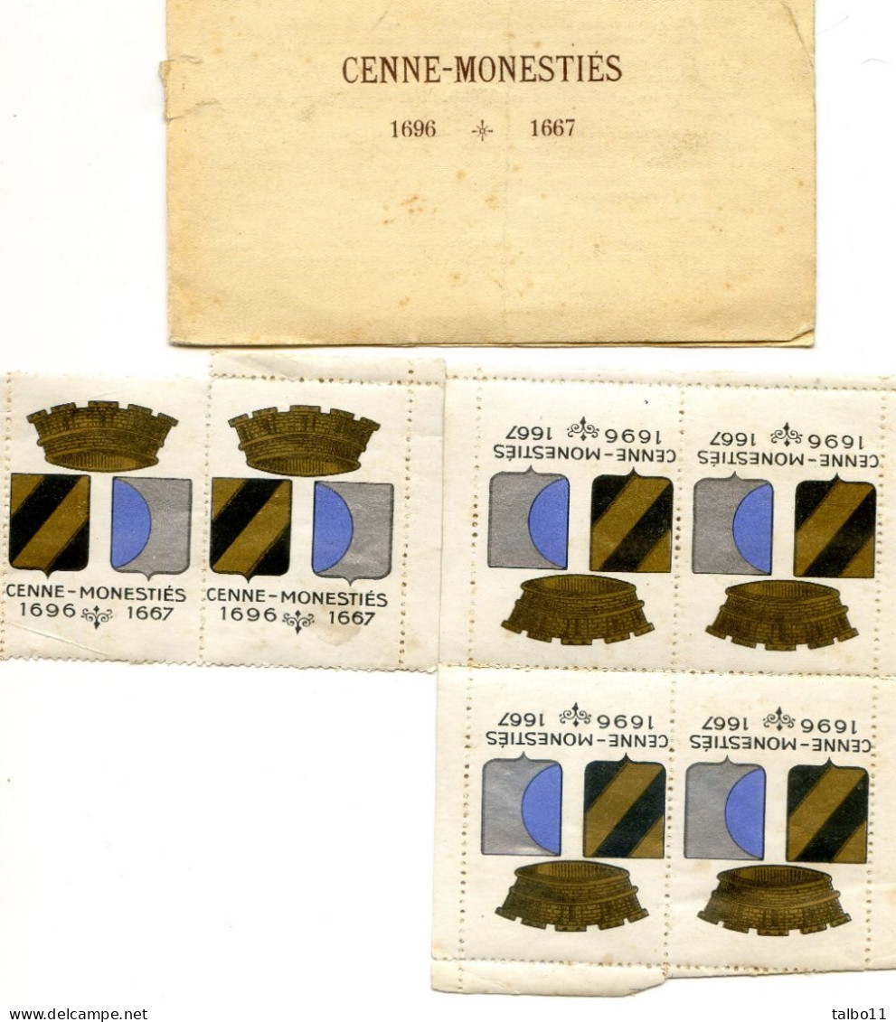 11 - Document historique  sur Cennes Monestiés - petit livret et lot de 6 timbres avec le blason et armoiries