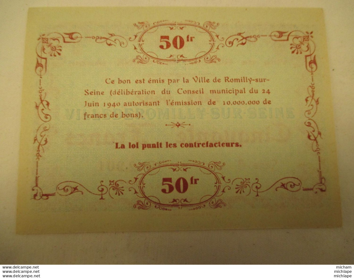 Billet De Necessité   De 50 Francs De La Ville De Romilly Sur Seine -  Neuf - 1940 - Bonds & Basic Needs