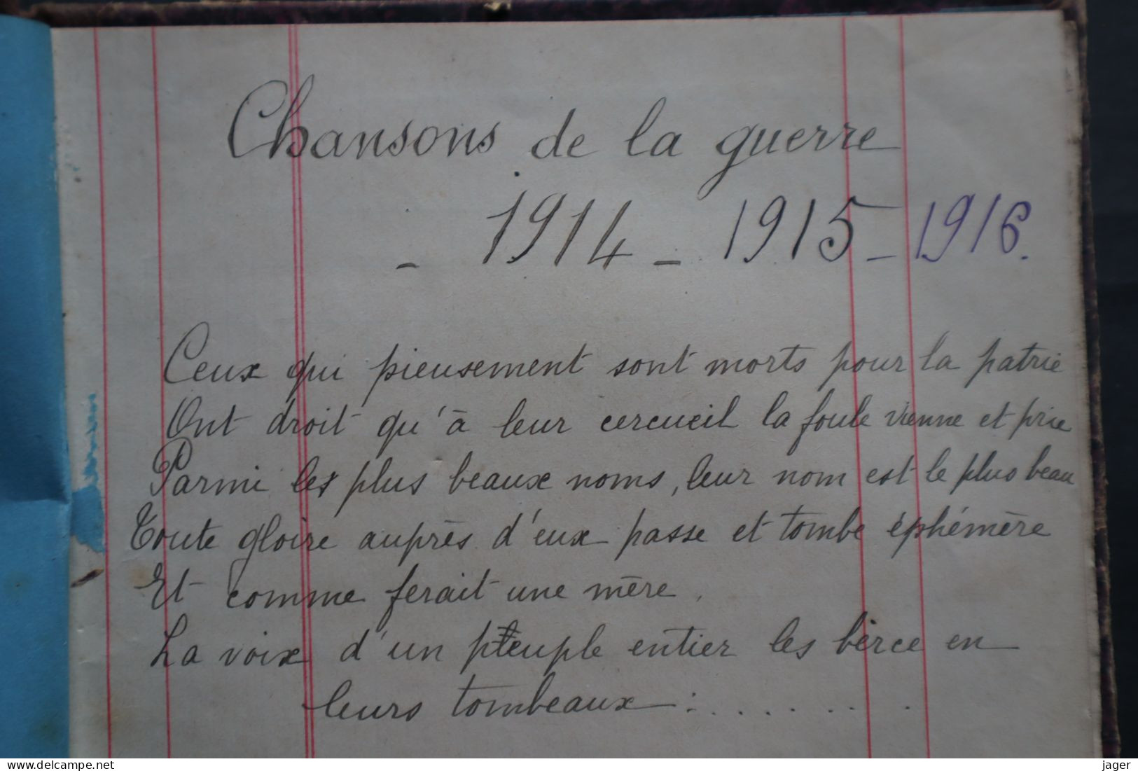 Chansons De La Guerre 1914 1915 1916  Rare Carnet De Chant Manuscrit - 1914-18