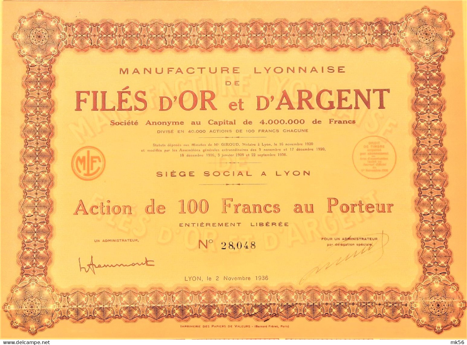 MANUFACTURE LYONNAISE DE FILES D'OR ET D'ARGENT - ACTION DE 100 FRS -1936 - Mines
