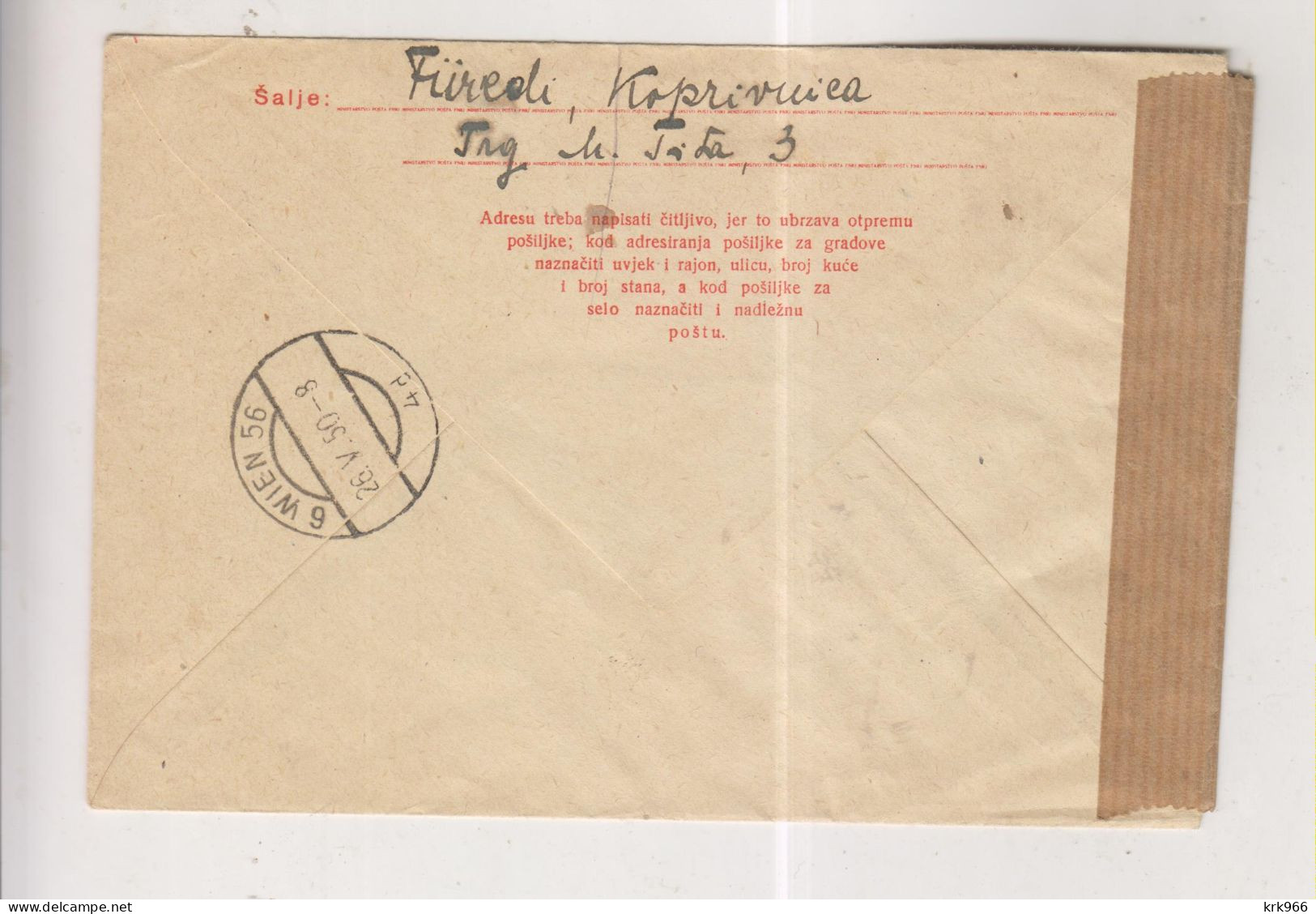 YUGOSLAVIA,1950 KOPRIVNICA Registered Censored Postal Stationery Cover To Austria - Lettres & Documents