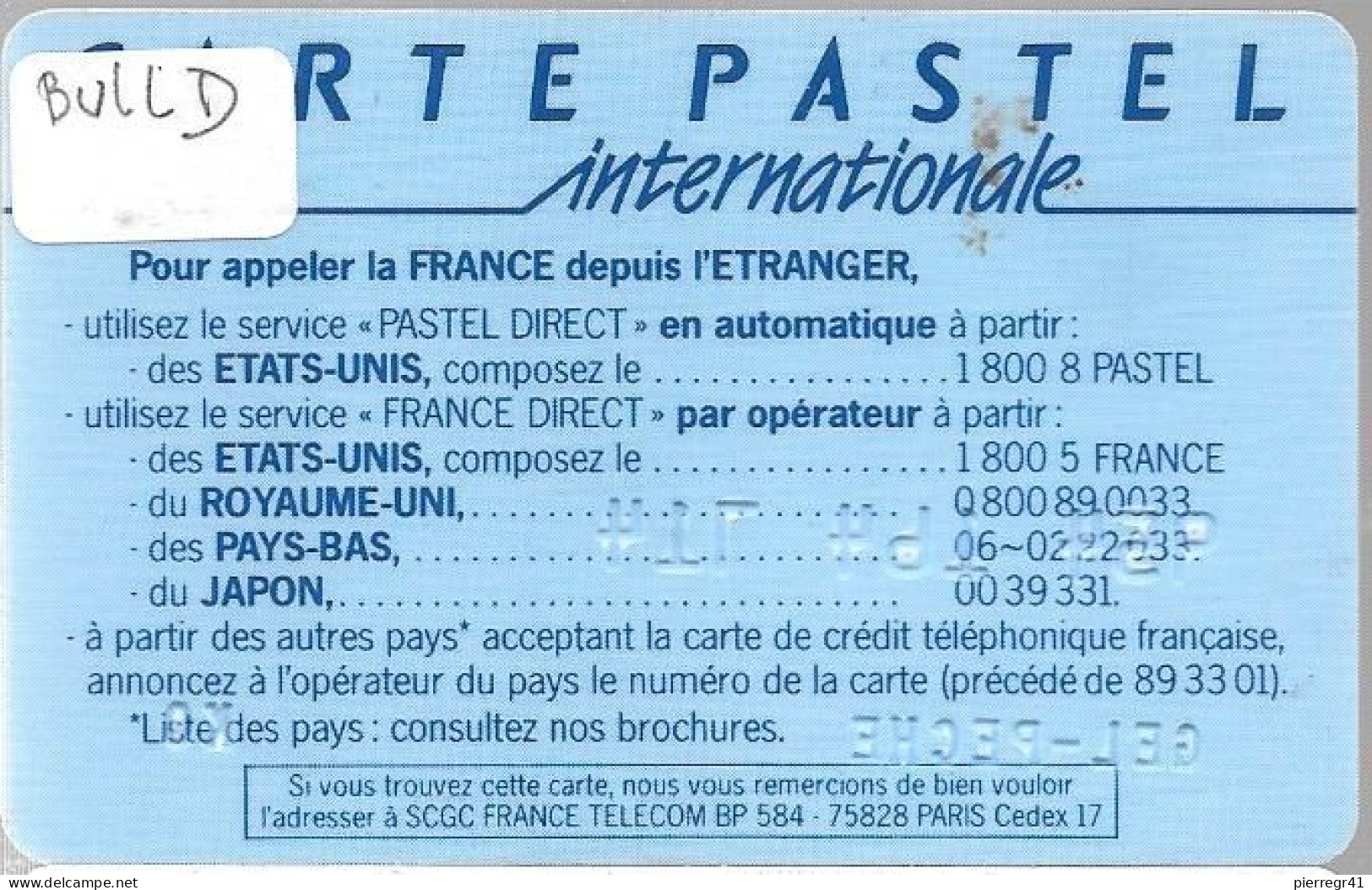 1-CARTE²° PUCE-BULL D-FRANCE TELECOM-PASTEL-INTERNATIONALE- V° / En Bas France Telecom- BP584-75828-PARIS-Cedex 17--TBE -  Cartes Pastel   