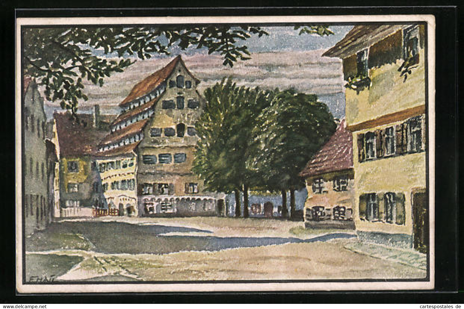 Künstler-AK Memmingen, Gerberplatz mit Sieben-Dächerhaus 
