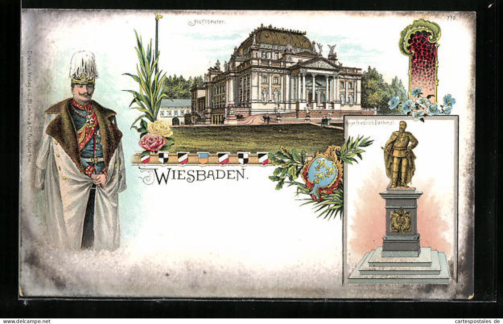 Lithographie Wiesbaden, Hoftheater Und Kaiser Friedrich Denkmal  - Theatre
