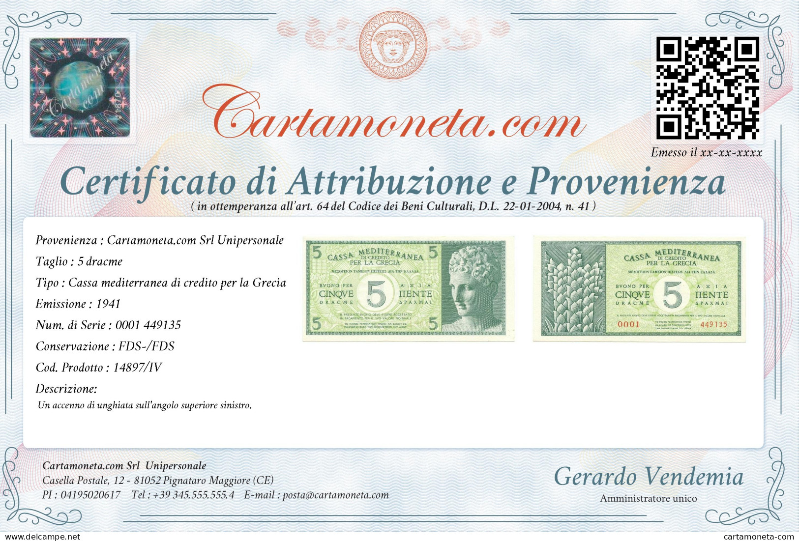 5 DRACME CASSA MEDITERRANEA DI CREDITO PER LA GRECIA 1941 FDS-/FDS - Other & Unclassified