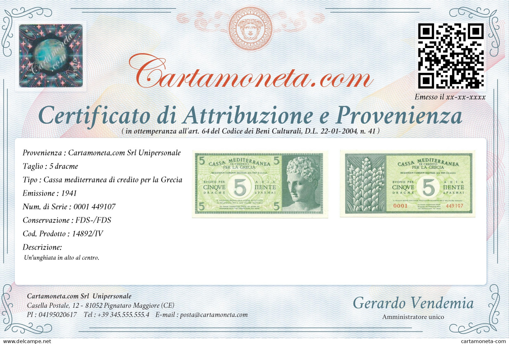 5 DRACME CASSA MEDITERRANEA DI CREDITO PER LA GRECIA 1941 FDS-/FDS - Andere & Zonder Classificatie