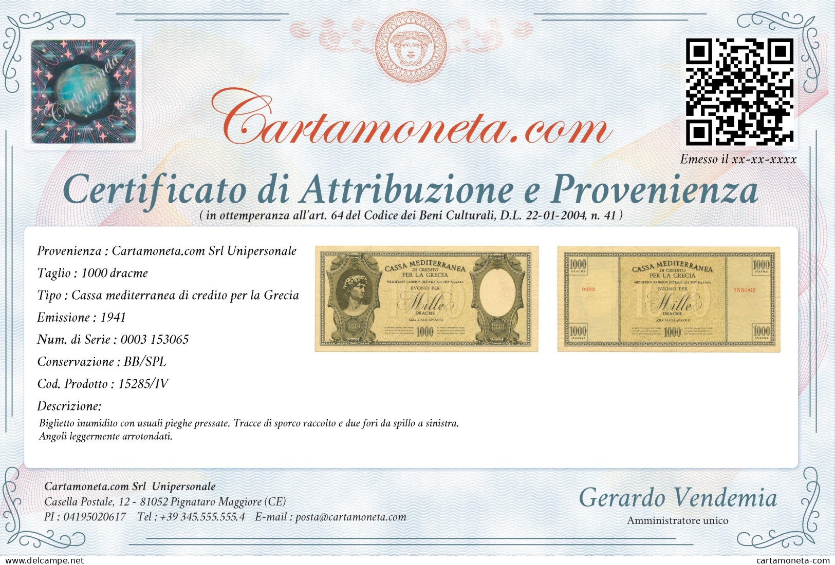 1000 DRACME CASSA MEDITERRANEA DI CREDITO PER LA GRECIA 1941 BB/SPL - Altri & Non Classificati