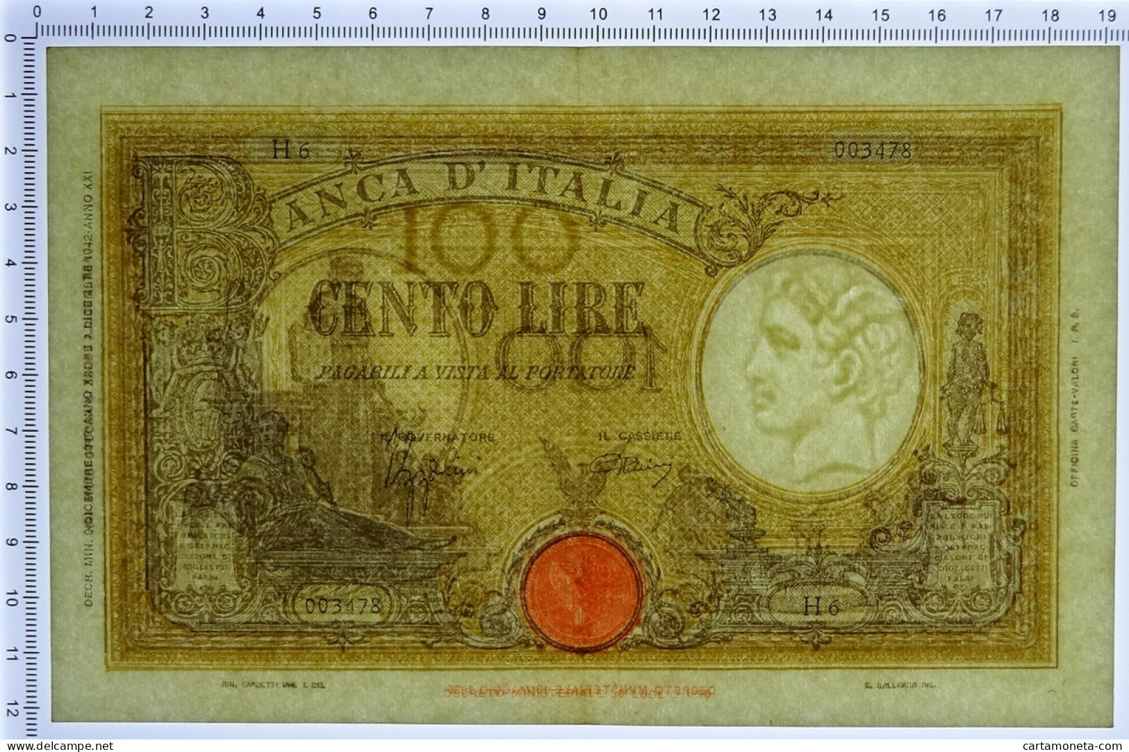 100 LIRE BARBETTI GRANDE B GIALLO TESTINA FASCIO 09/12/1942 SUP- - Sonstige