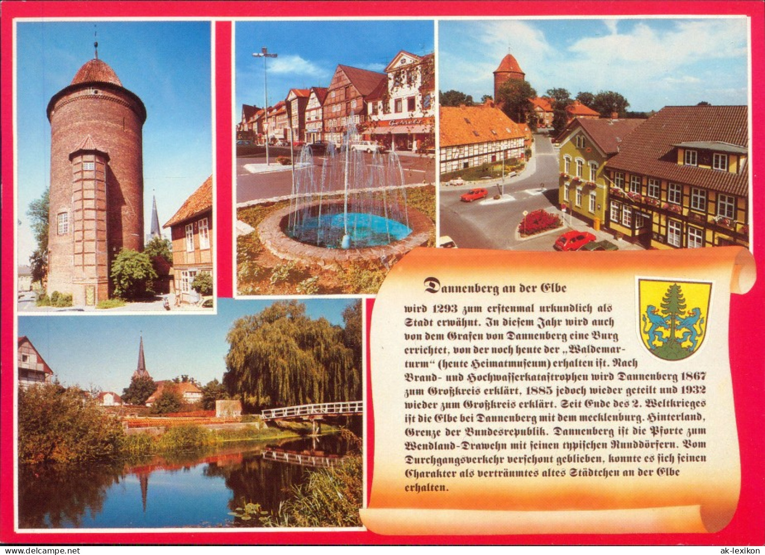 Ansichtskarte Dannenberg (Elbe) Turm, Brunnen, Straße, Jeetzelpartie 1996 - Dannenberg