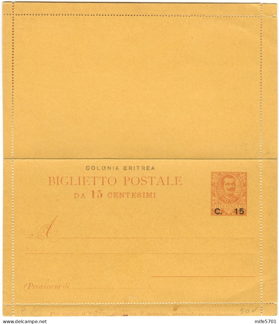 REGNO / COLONIE / ERITREA 1905 B6 BIGLIETTO POSTALE DA C. 15 SU C. 20 'PROVVISORI' SOPRASTAMPATO 'COLONIA ERITREA' NUOVO - Erythrée