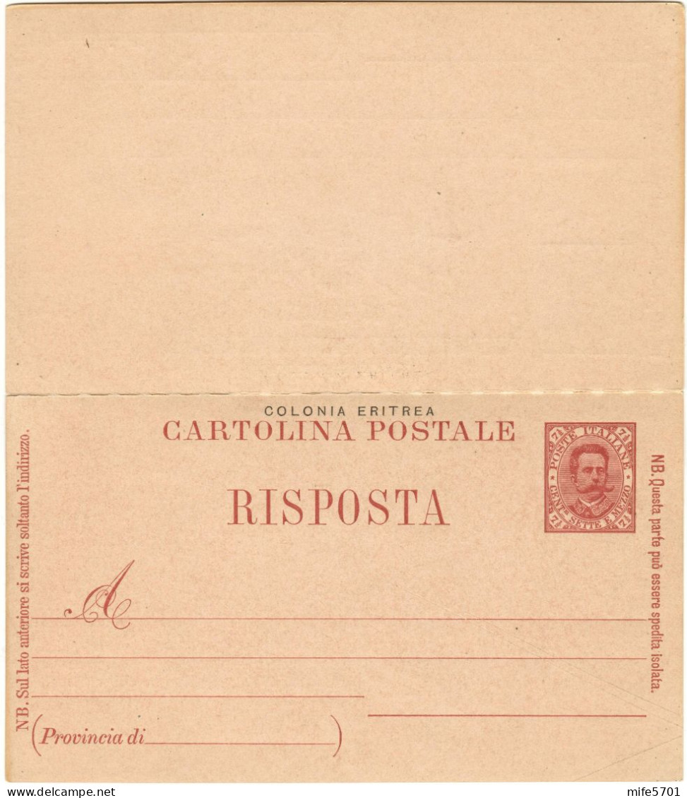 REGNO / COLONIE / ERITREA C4/92 1893 CARTOLINA D. + R. C. 7 1/2 'BIGOLA' SOPRASTAMPATA 'COLONIA ERITREA' MILLESIMO 92 - Eritrea