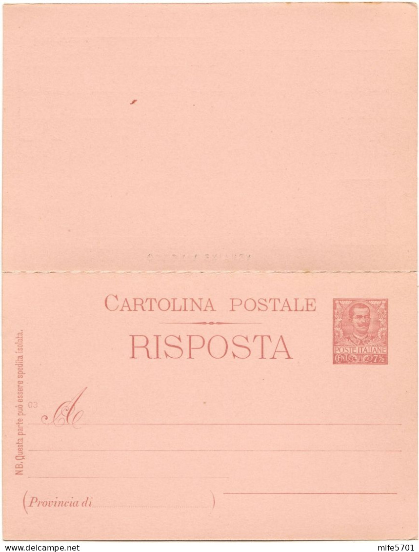 REGNO / COLONIE / ERITREA C12 / 03 (1903) CARTOLINA D. + R. C. 7 1/2 'FLOREALE' SOPRAST. 'COLONIA ERITREA' MILLESIMO 03 - Eritrea