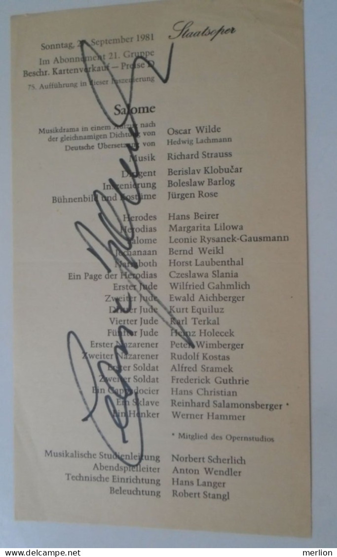 D203347  Signature -Autograph  -  Leonie Rysanek - Austrian Dramatic Soprano -Salome,  Winer Staatsoper 1981 - Zangers & Muzikanten