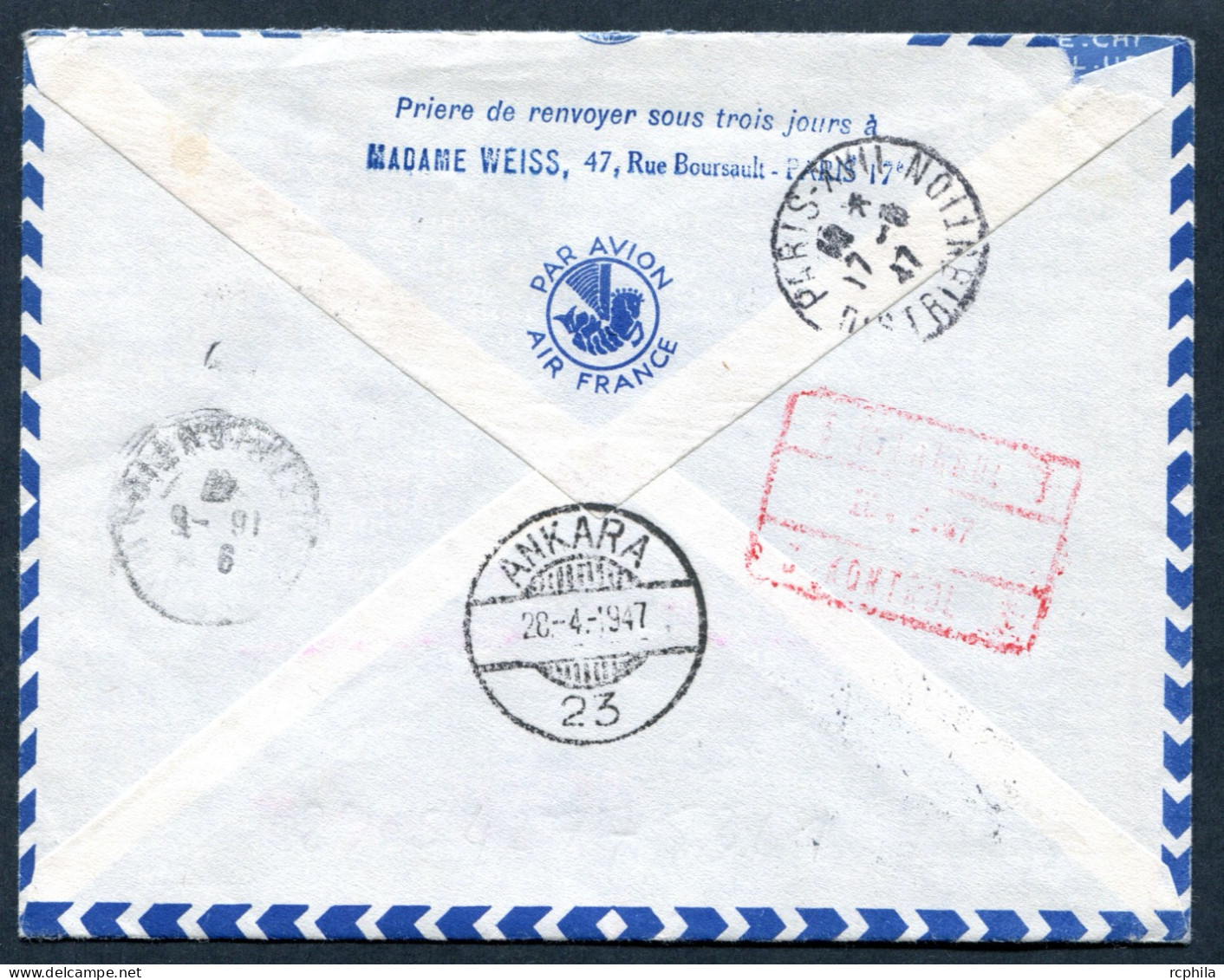 RC 27666 FRANCE 1947 PARIS - ANKARA TURQUIE PAR AIR FRANCE 1er VOL FFC - TB - 1927-1959 Covers & Documents