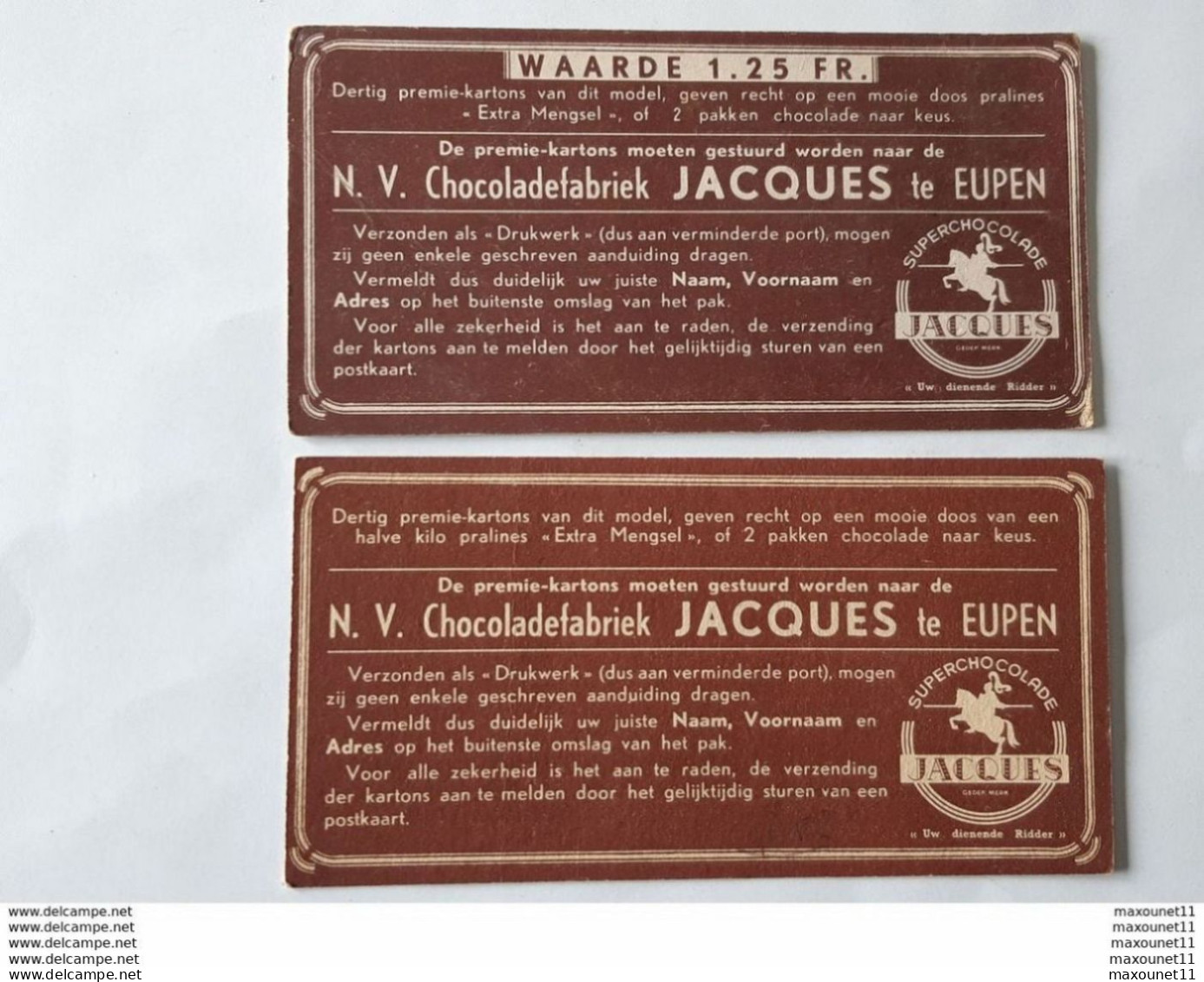 Chocolat - Lot De 2 Cartons Français-neerlandais De La Chocolaterie - Chocoladefabriek Jacques à Eupen ... Lot130 - 0606 - Jacques