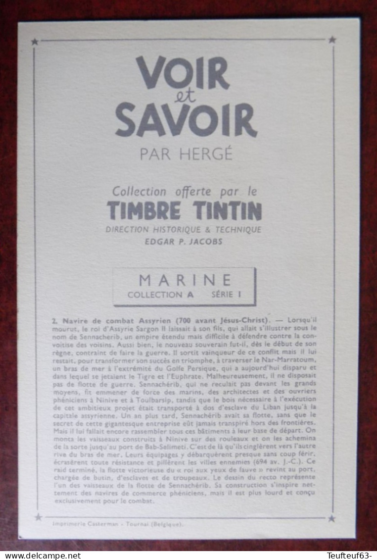 Chromo Tintin Voir Et Savoir " Marine Collection A Série 1 " Navire De Combat Assyrien ( 700 Av. J.c. ) - Chromos