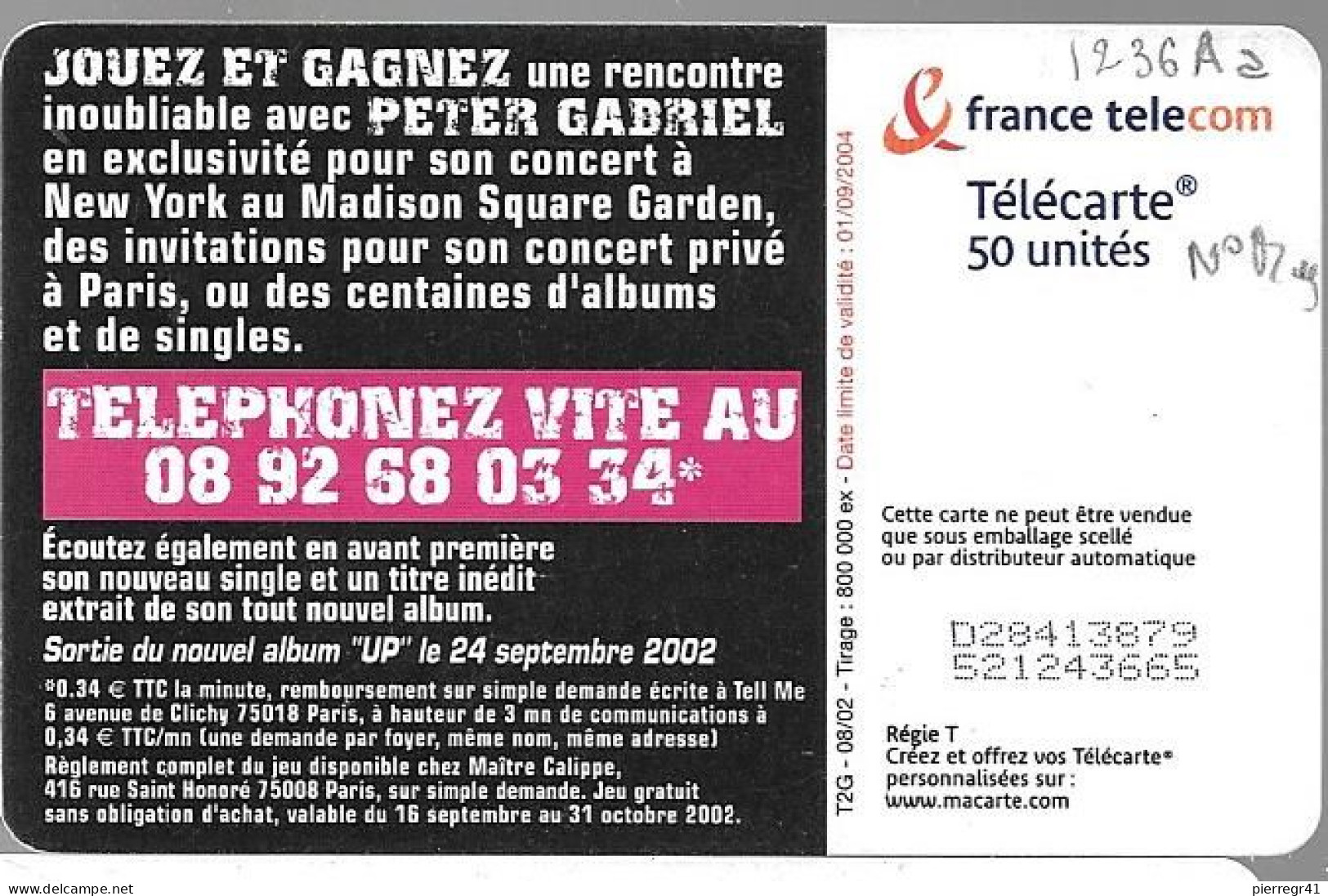 TC-PUBLIC-F1236A.975-50U-OB2-08/02-PETER GABRIEL-%300000 Ex-N°Fins-UTILISE-TBE- - 2002